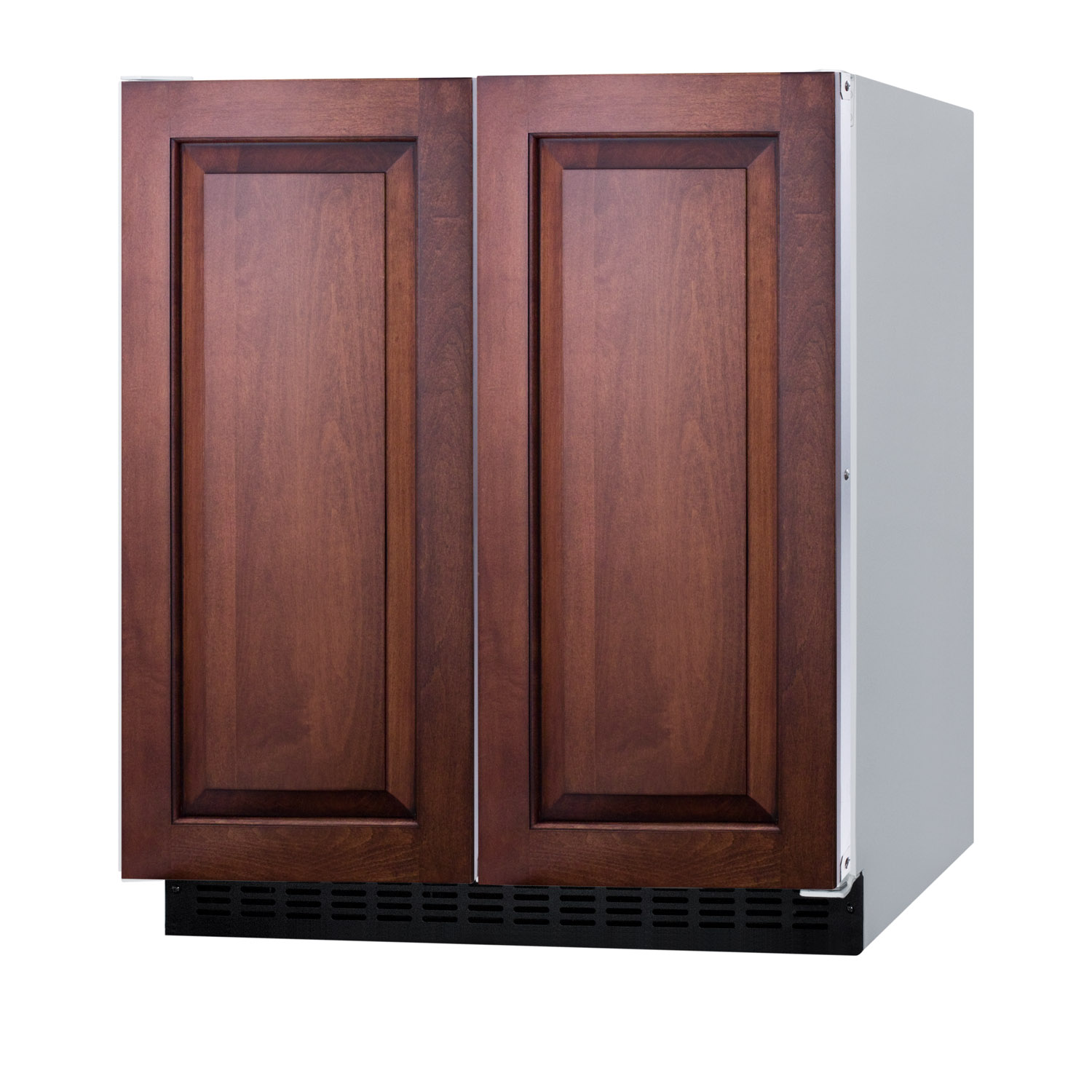 Frost-free side-by-side refrigerator-freezer for built-in or freestanding use with white cabinet, panel-ready doors, door storage, and digital controls